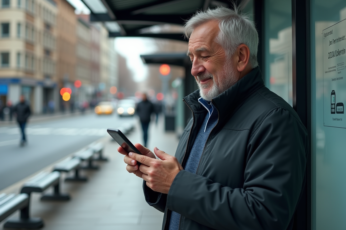 Homme âgé vérifiant un ticket numérique sur son smartphone à l