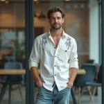 Homme créatif en streetwear devant un bureau moderne