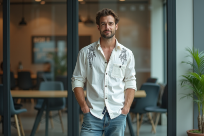 Homme créatif en streetwear devant un bureau moderne