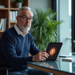 Homme en sweater utilisant une tablette crypto dans un bureau