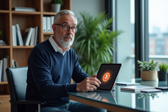 Homme en sweater utilisant une tablette crypto dans un bureau