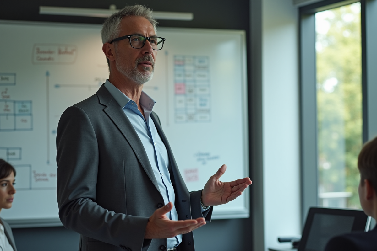 Homme en costume devant tableau financier en réunion