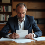 Homme d'âge moyen organisant ses papiers fiscaux dans un appartement parisien