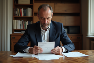 Homme d'âge moyen organisant ses papiers fiscaux dans un appartement parisien