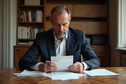 Homme d'âge moyen organisant ses papiers fiscaux dans un appartement parisien