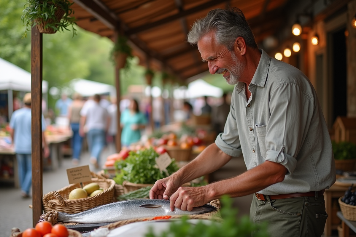 Homme souriant achetant du poisson frais au marché en plein air