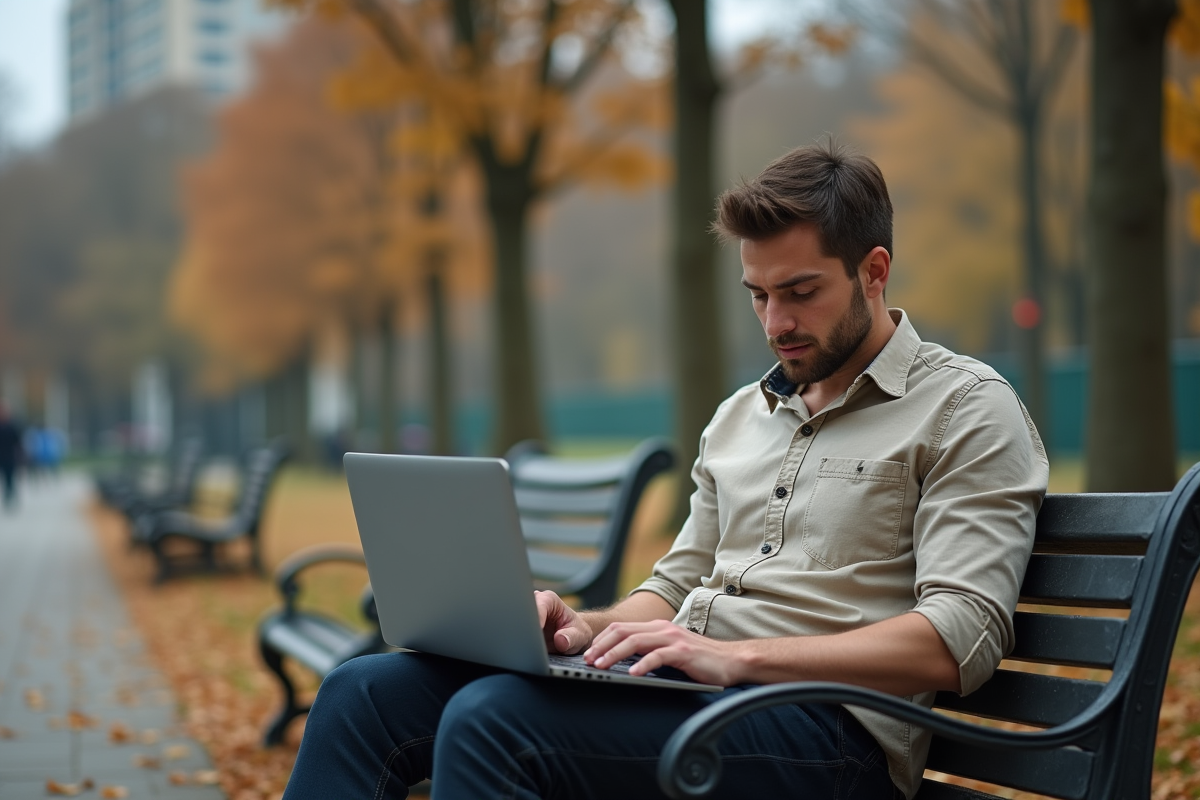 Homme pensif assis sur un banc de parc en automne