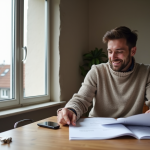 Homme en sweater vérifiant plans de rénovation dans un appartement