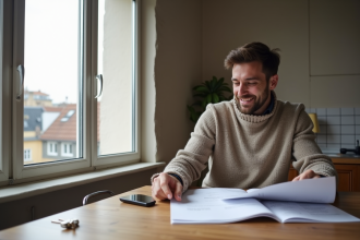 Homme en sweater vérifiant plans de rénovation dans un appartement