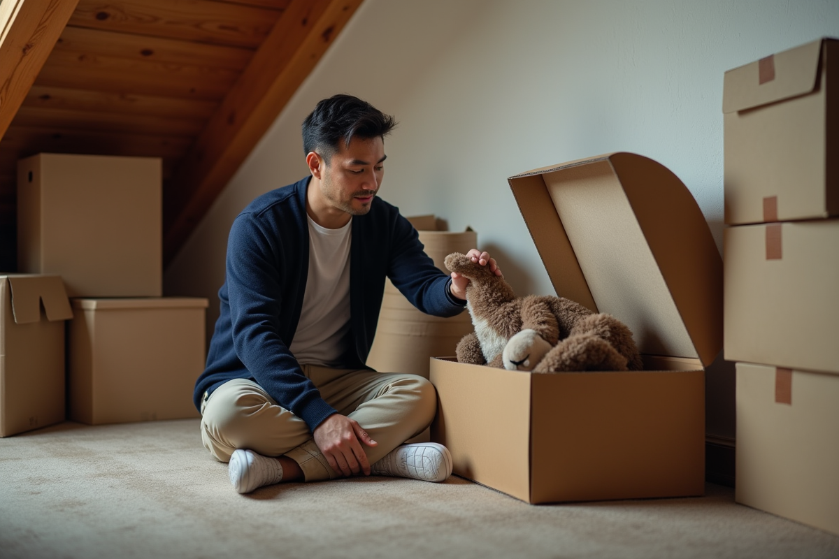 Homme âgé triant un jouet ancien dans un grenier organisé