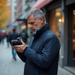 Homme d'âge moyen examine une caméra en ville