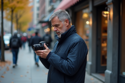 Homme d'âge moyen examine une caméra en ville