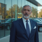 Homme d'âge moyen examine une rangée de voitures neuves devant un concessionnaire