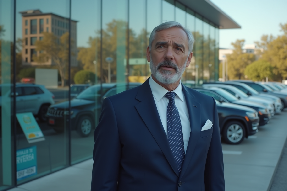 Homme d'âge moyen examine une rangée de voitures neuves devant un concessionnaire