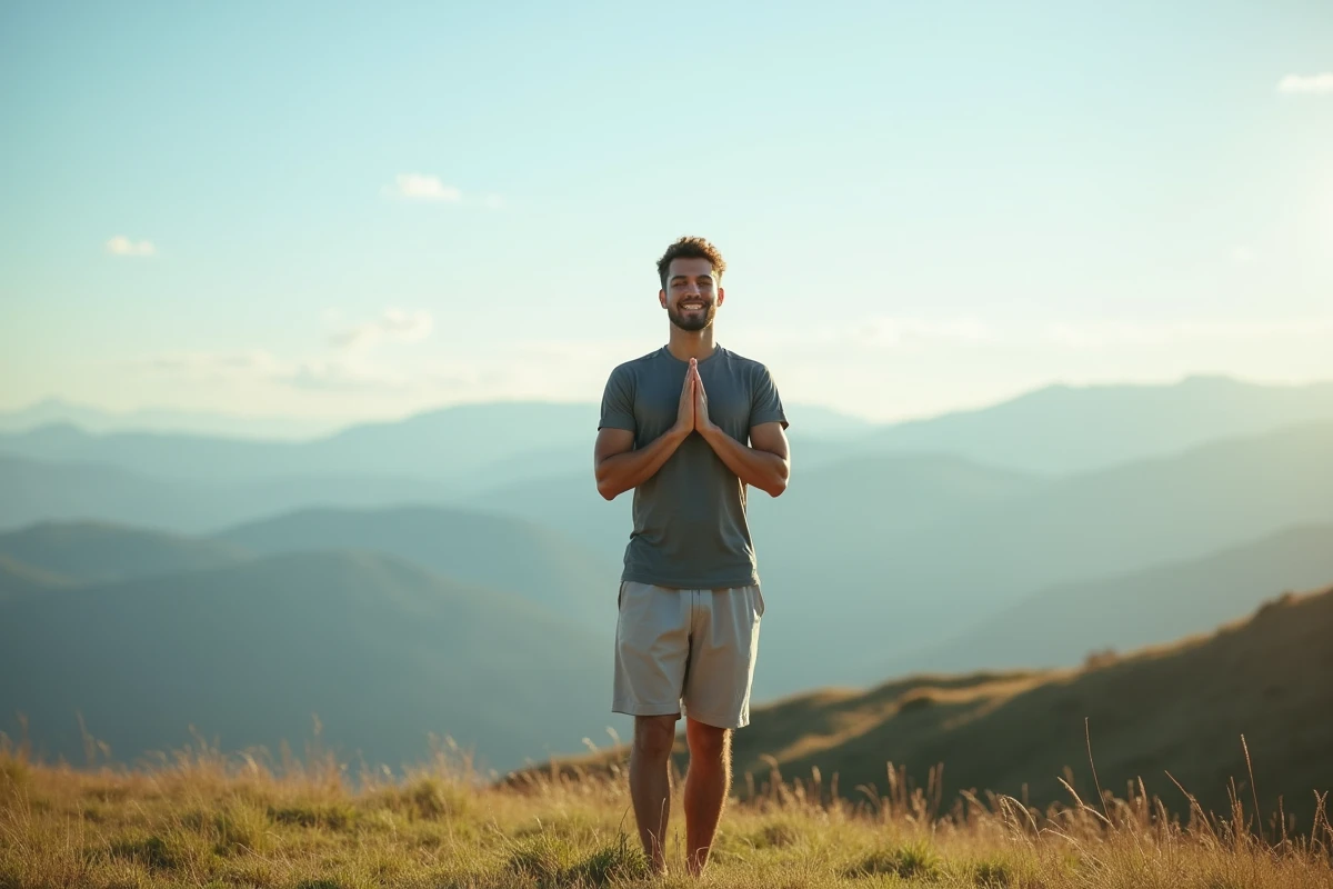 Jeune homme en yoga en plein air sur une colline verdoyante