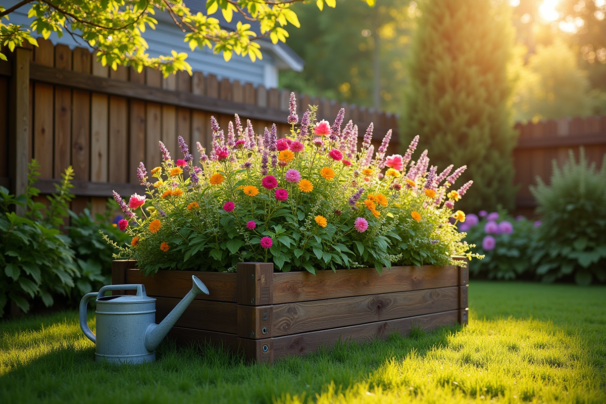 Jardin avec un vase en V rempli de fleurs sauvages
