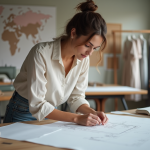 Jeune femme pinçant un patron sur un tissu dans un atelier de couture
