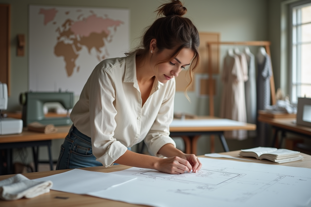 Jeune femme pinçant un patron sur un tissu dans un atelier de couture