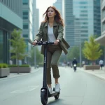 Jeune femme en scooter électrique dans une ville moderne
