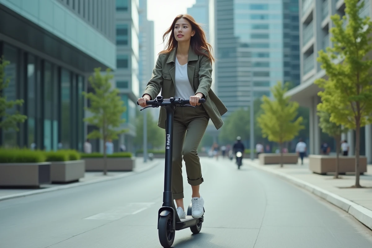Jeune femme en scooter électrique dans une ville moderne