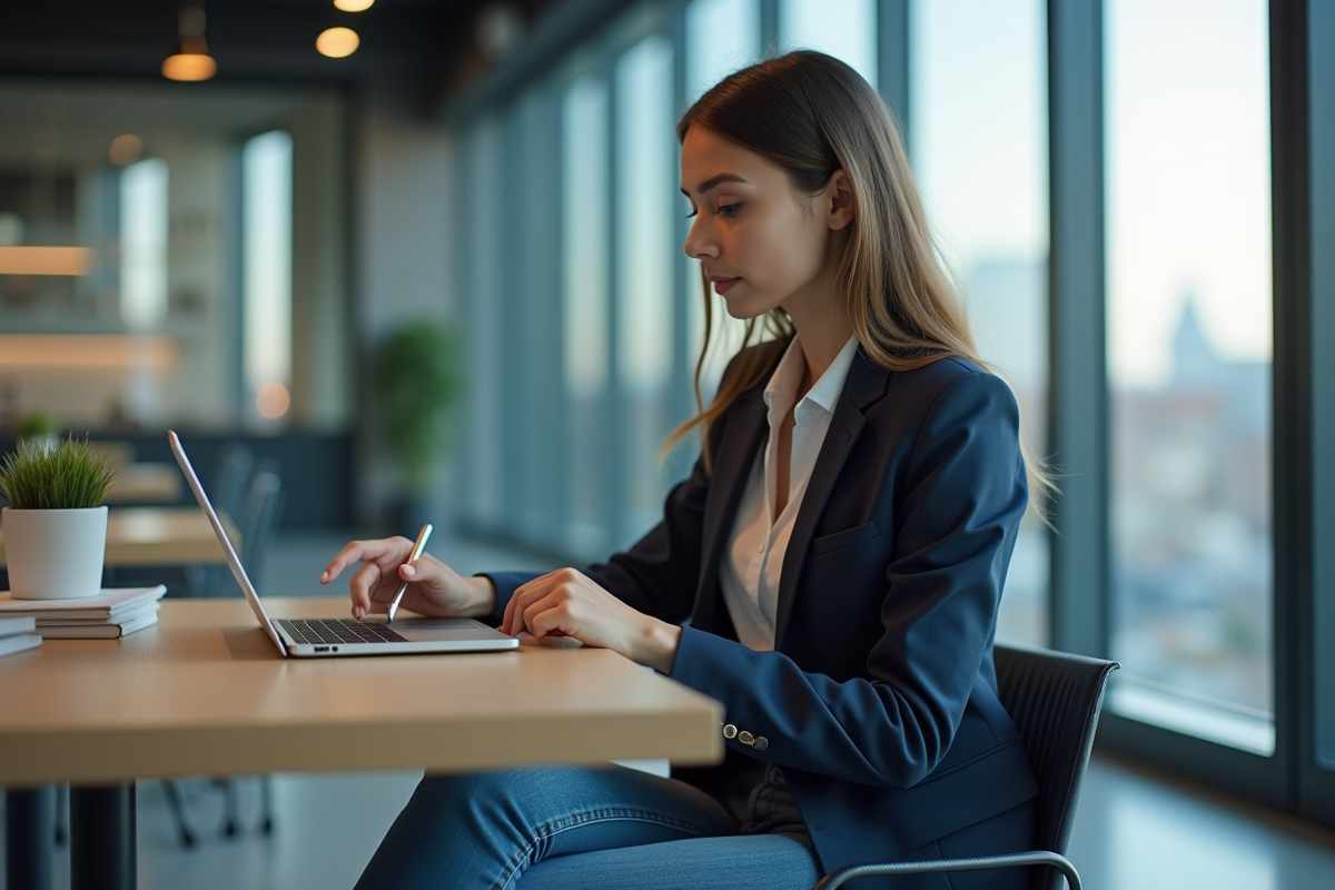 Jeune femme concentrée utilisant une tablette dans un bureau moderne