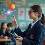 Jeune fille en uniforme scolaire utilisant la réalité augmentée