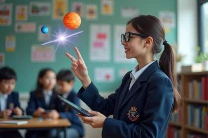 Jeune fille en uniforme scolaire utilisant la réalité augmentée