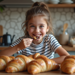Jeune fille souriante avec pâtisseries dans la cuisine