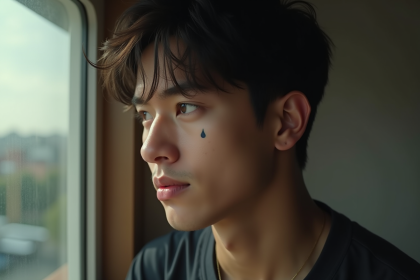 Jeune homme regardant par la fenêtre avec tatouage larme