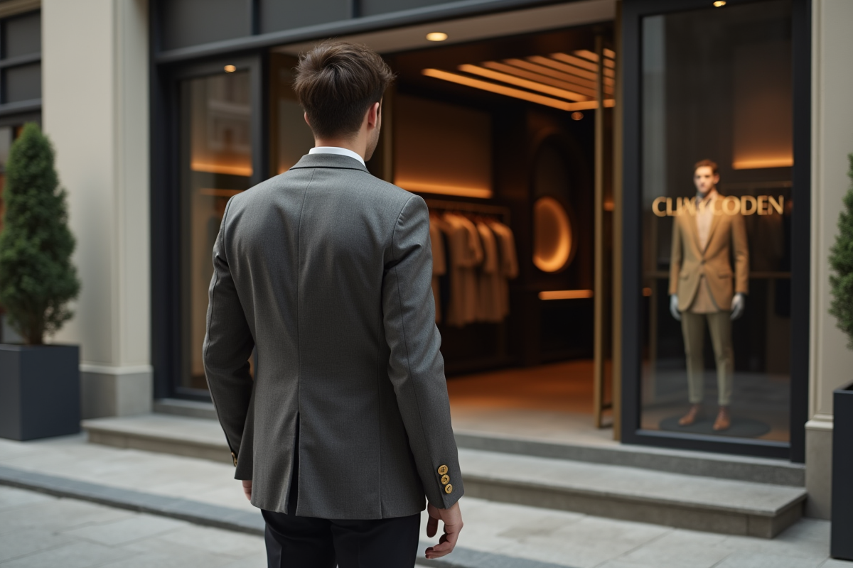 Jeune homme regardant une vitrine de boutique fermée en ville