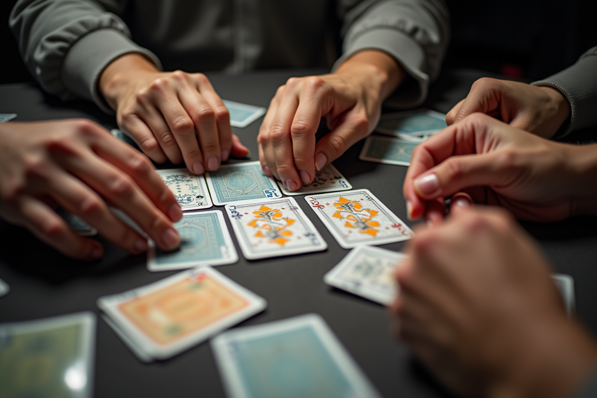 Mains manipulant des cartes de stratégie sur une table bien rangée