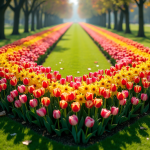 Vase de fleurs dans un parc avec tulipes colorées en V