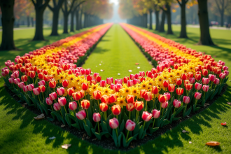Vase de fleurs dans un parc avec tulipes colorées en V