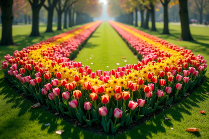 Vase de fleurs dans un parc avec tulipes colorées en V