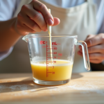 Chef pâtissier mesurant un liquide dans un verre doseur