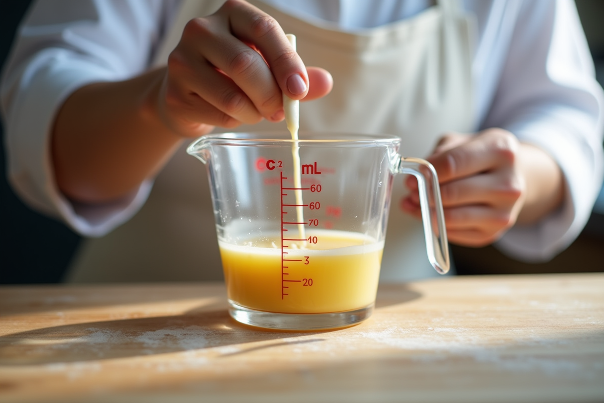 Chef pâtissier mesurant un liquide dans un verre doseur