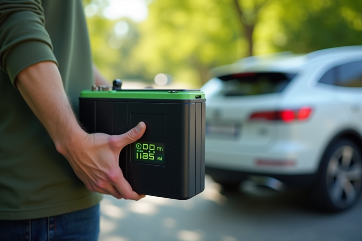 Personne tenant une grande batterie électrique avec affichage kilométrique