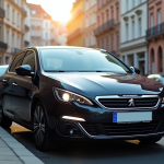 Voiture Peugeot 308 2015 stationnée en ville en plein jour