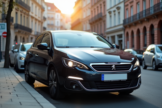 Voiture Peugeot 308 2015 stationnée en ville en plein jour