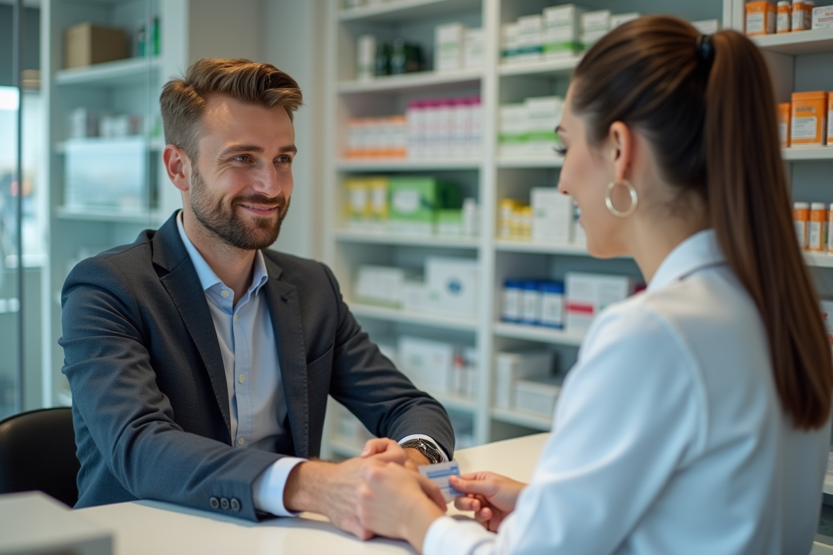Homme remettant ordonnance et carte sécurité sociale