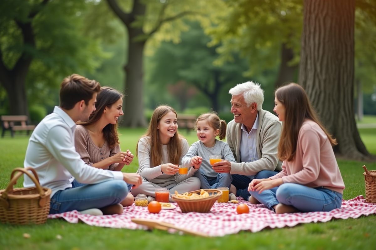 Famille en pique-nique dans un parc verdoyant