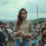 Jeune femme parmi des déchets textiles en décharge