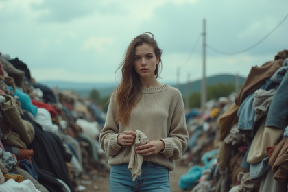 Jeune femme parmi des déchets textiles en décharge