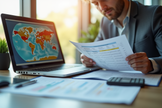 Professionnel d'affaires examinant documents fiscaux internationaux