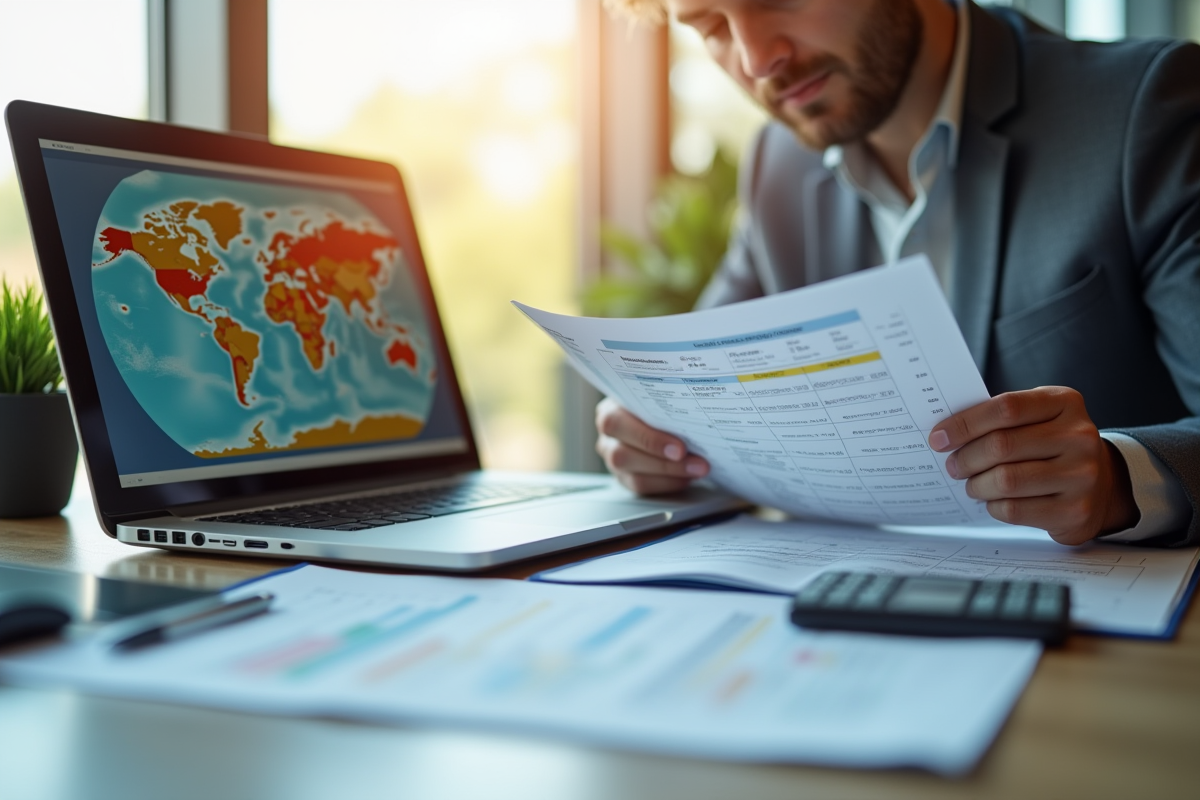 Professionnel d'affaires examinant documents fiscaux internationaux