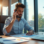 Professionnel confiant au téléphone dans un bureau moderne