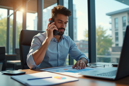 Professionnel confiant au téléphone dans un bureau moderne