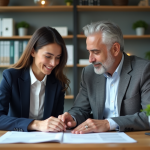 Deux professionnels en réunion dans un bureau moderne