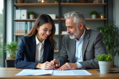 Deux professionnels en réunion dans un bureau moderne