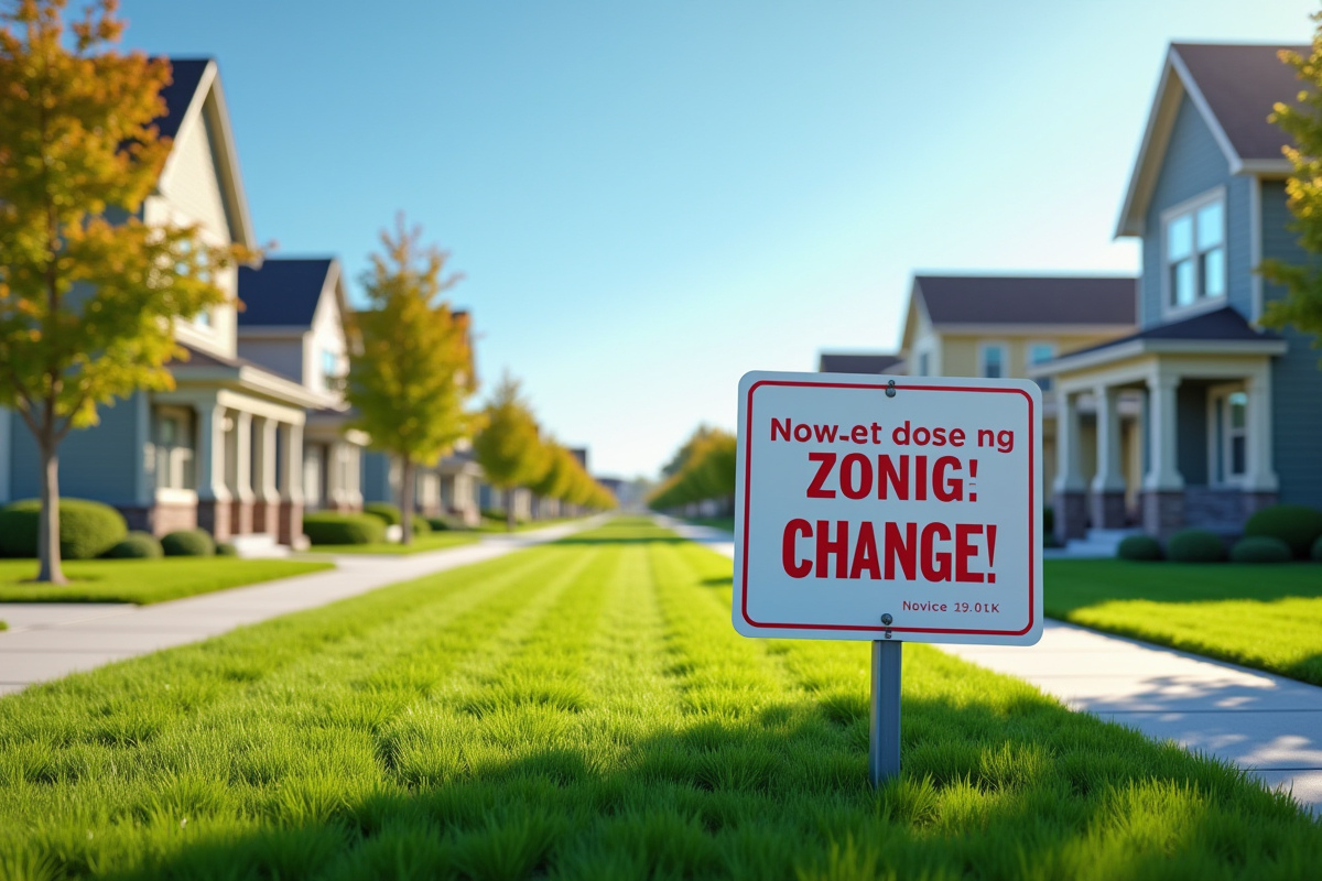Quartier résidentiel avec panneau de changement de zonage
